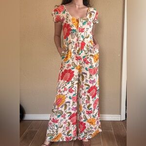 NWT Farm Rio x Anthropologie Botanical Puff-Sleeve Floral Jumpsuit size small